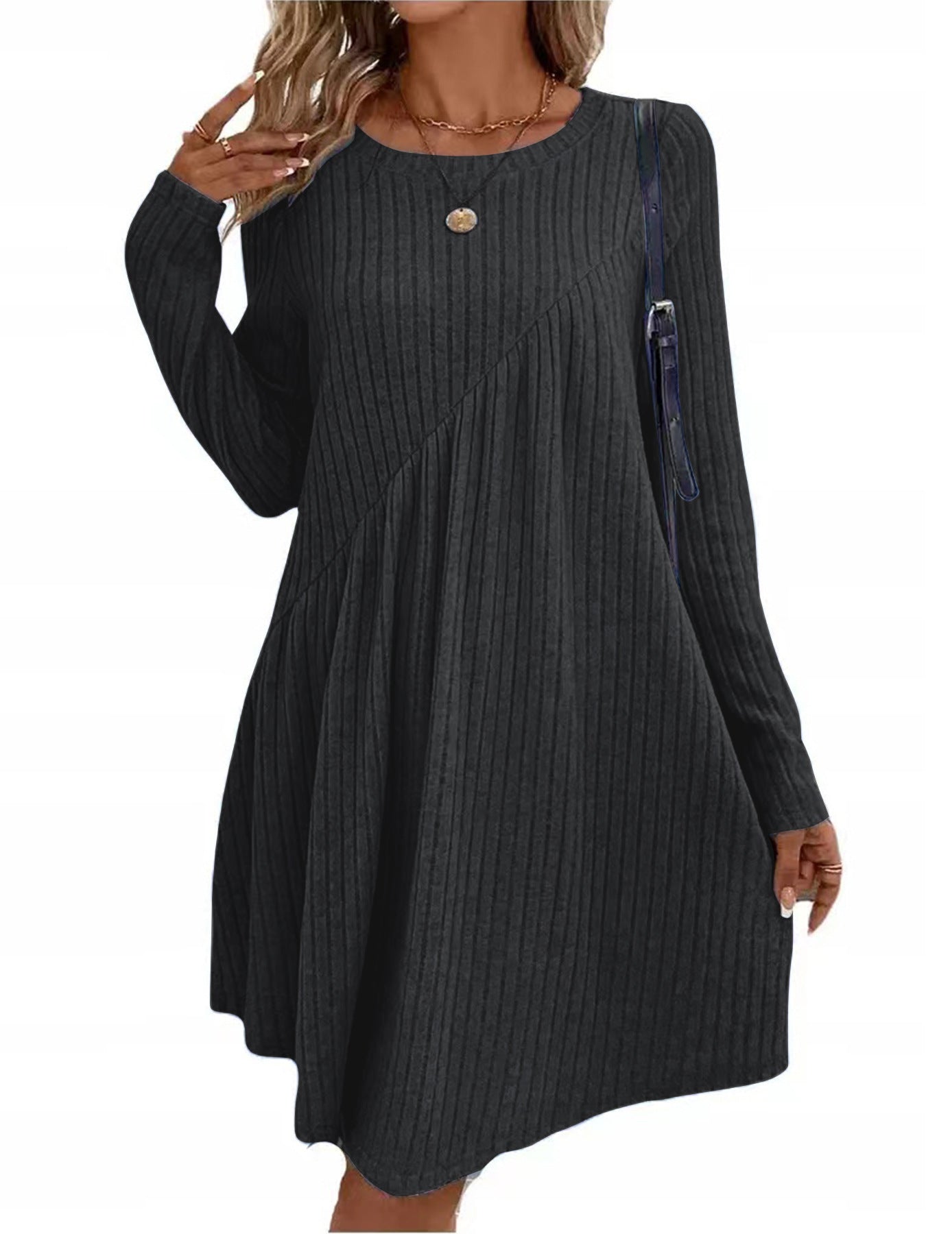 Women's Ribbed Jumper Dress - Long Sleeve, Swing Hem, Knitted