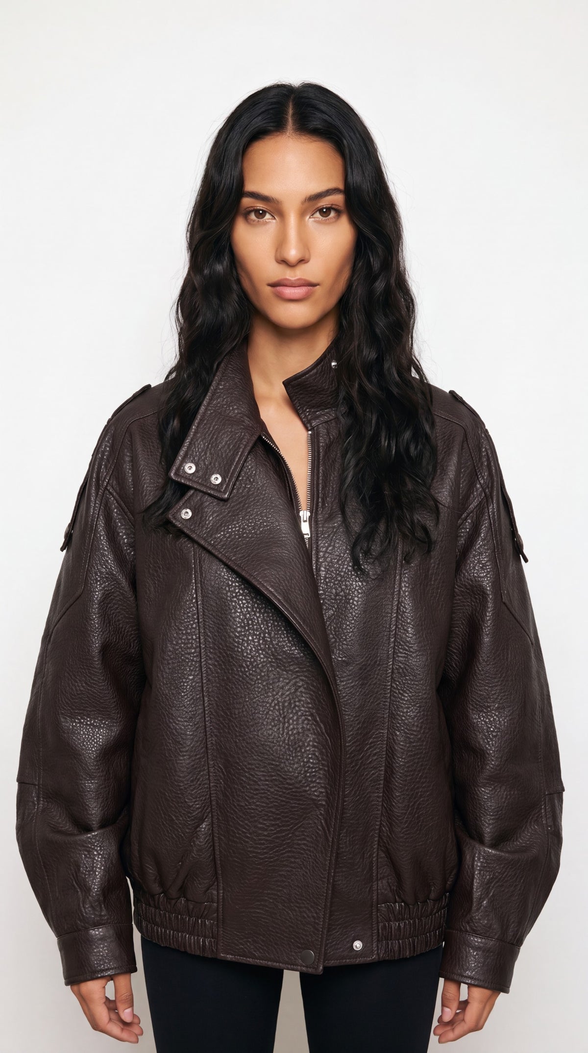 Brown Oversized Leather Bomber Jacket Women | Faux Leather Collar