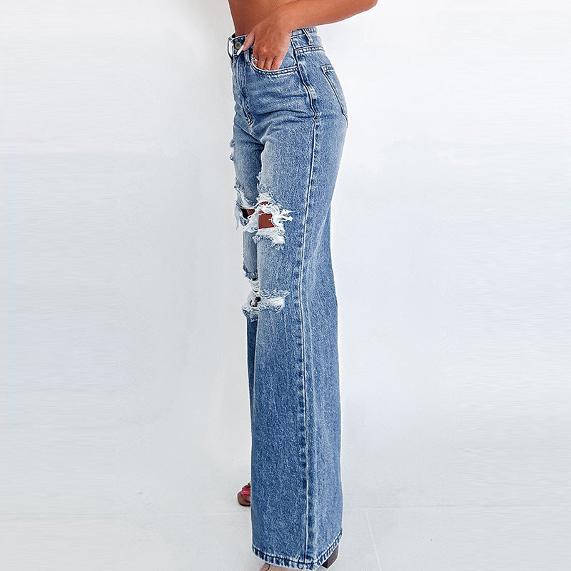 Women's High-Waist Wide Leg Ripped Denim Jeans Cotton