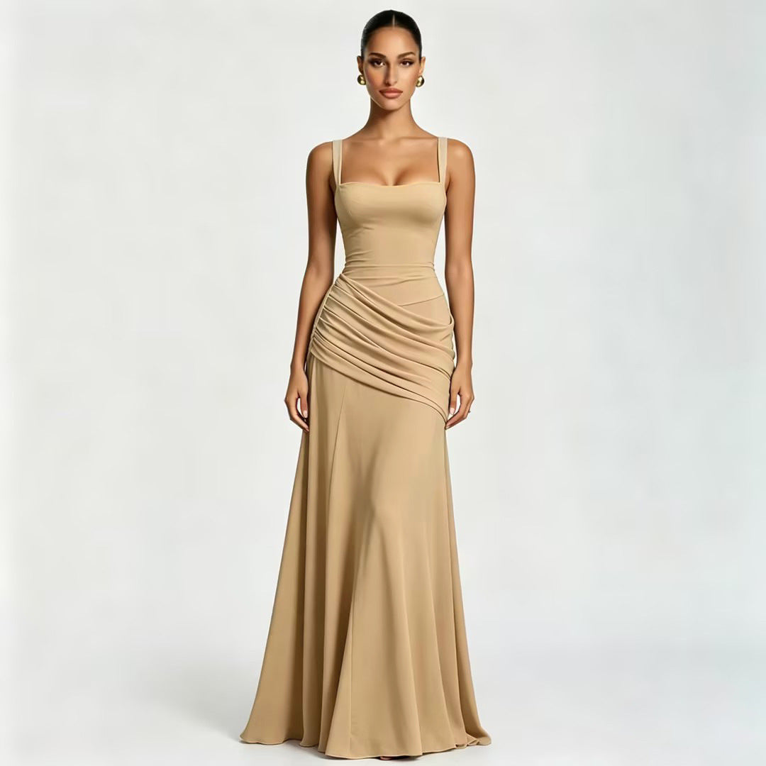 Women's Wedding Guest Dress – Ruched Square Neck Maxi Dress