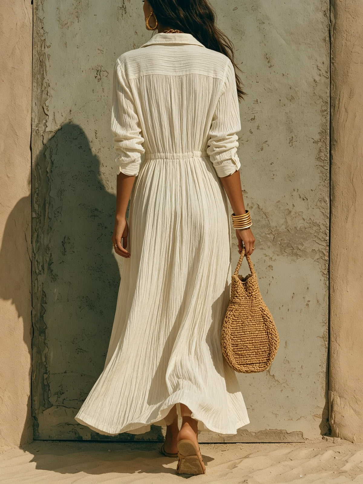 Women's Button-Front Maxi Shirt Dress – A-Line Long Sleeve