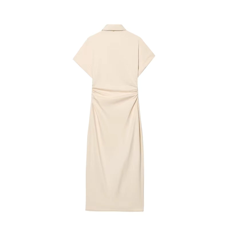 Women's Denim Midi Dress – Ruched Waist Button-Through