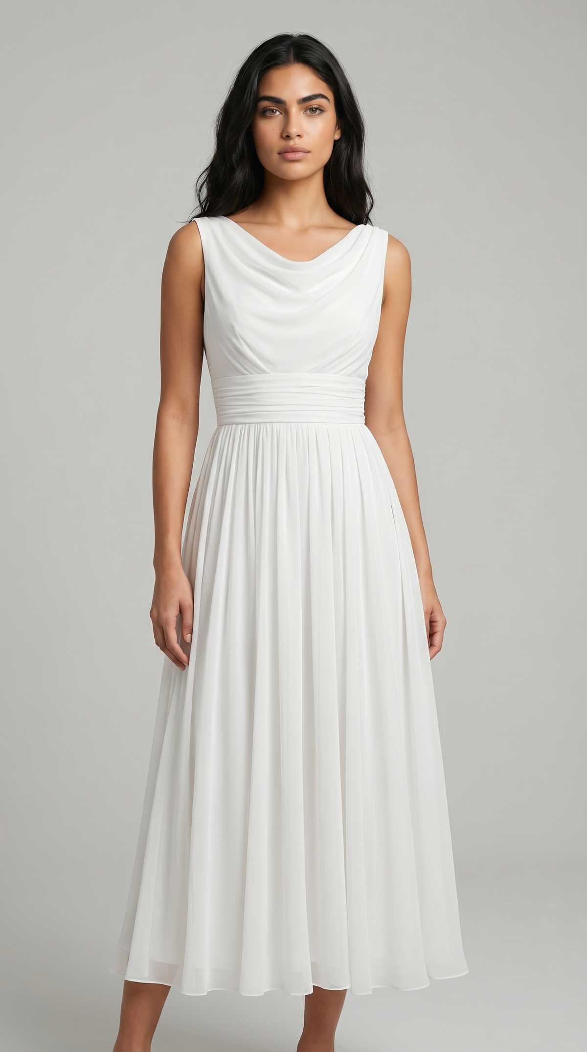 Women's Midi Dress – Pleated A-Line Summer Dress with Draped Neck