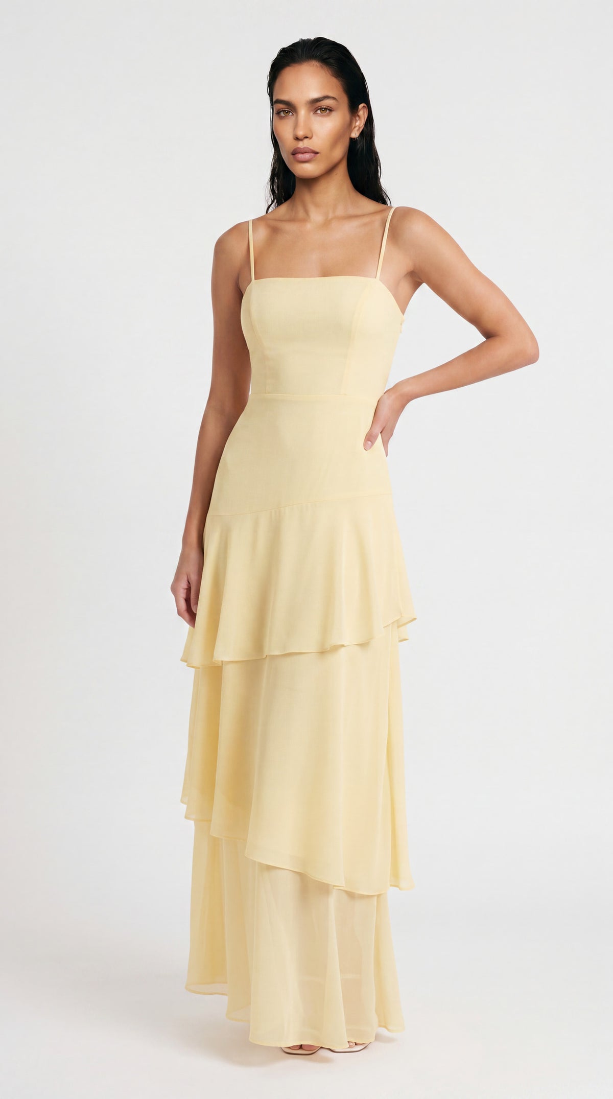 Ruffle Halter Maxi Dress V-Neck Tiered Chiffon Yellow Black