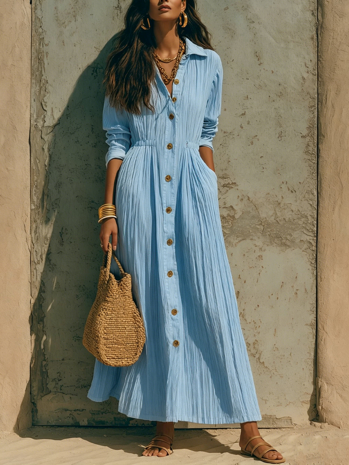 Women's Button-Front Maxi Shirt Dress – A-Line Long Sleeve
