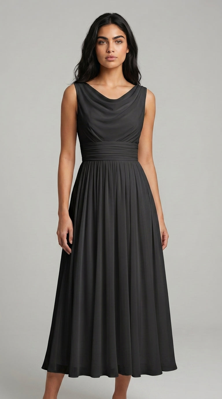 Women's Midi Dress – Pleated A-Line Summer Dress with Draped Neck
