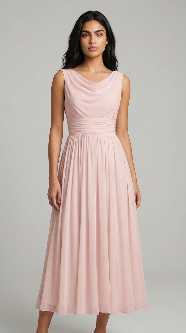 Women's Midi Dress – Pleated A-Line Summer Dress with Draped Neck