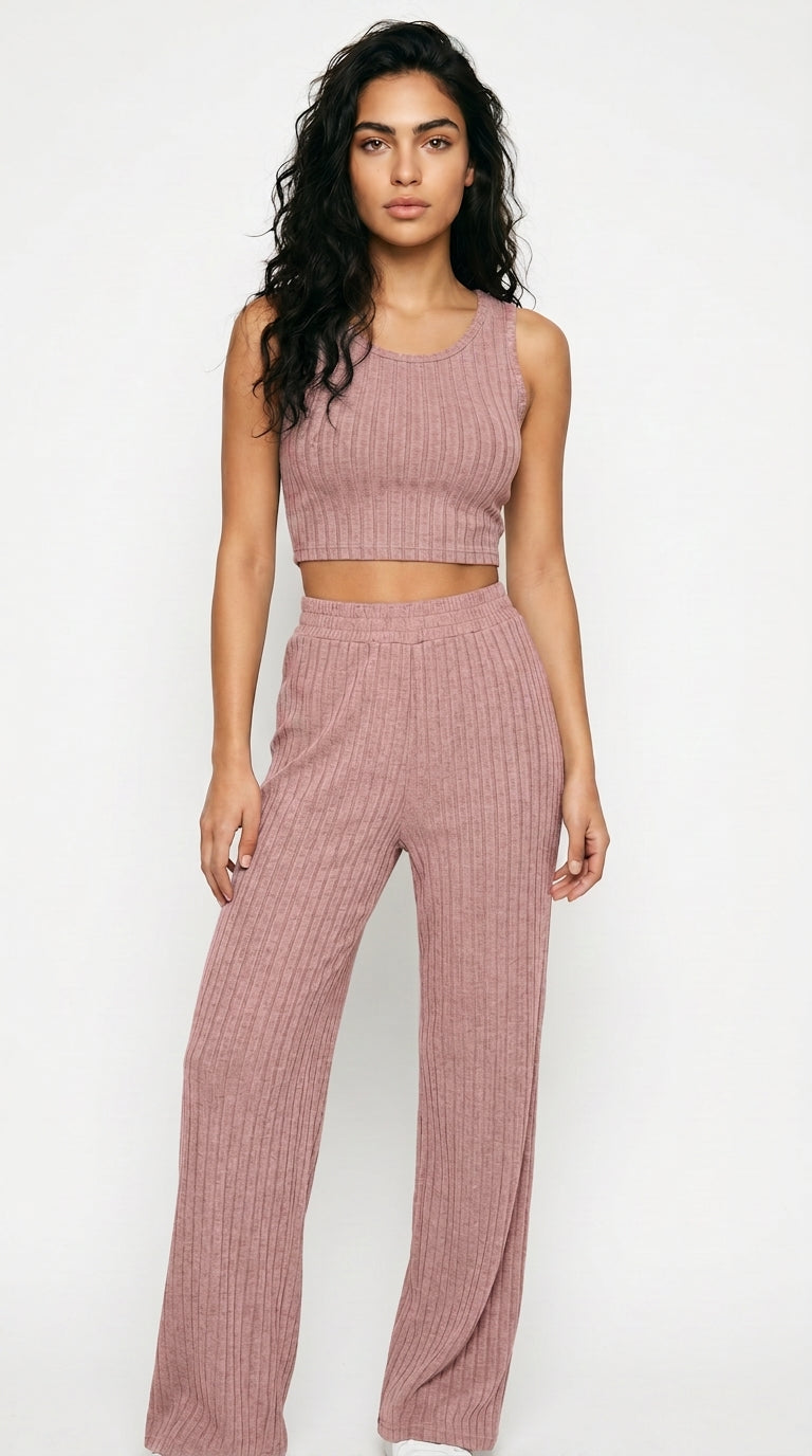 Ribbed Knit Crop Top and Wide Leg Pants Set Women