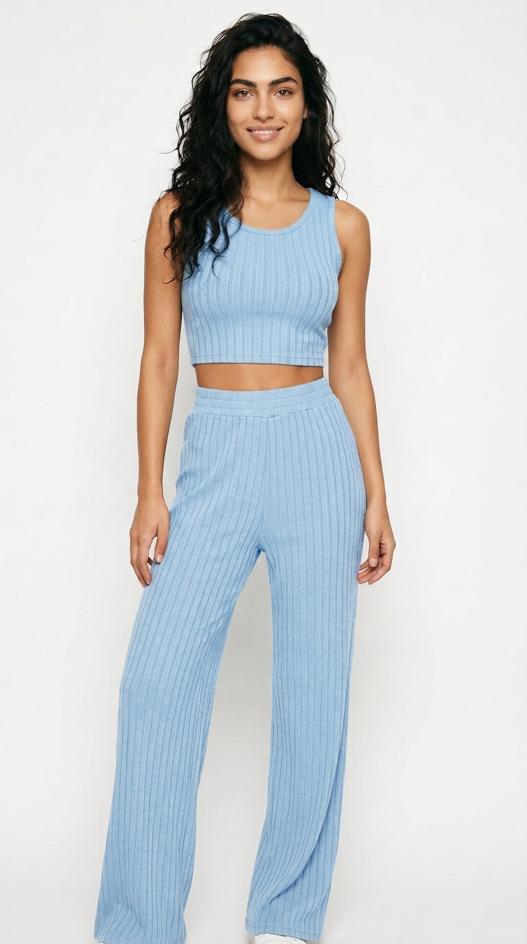 Ribbed Knit Crop Top and Wide Leg Pants Set Women
