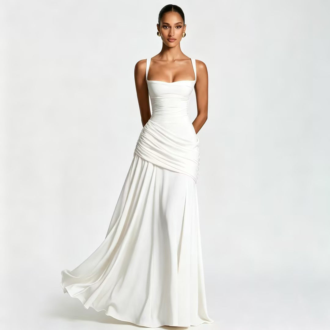 Women's Wedding Guest Dress – Ruched Square Neck Maxi Dress