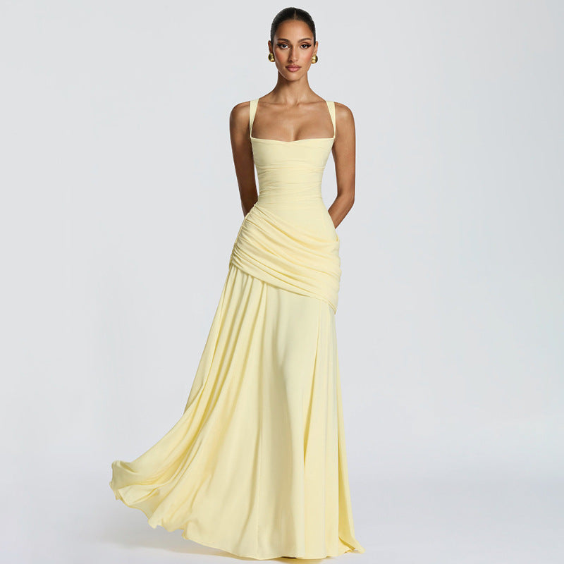 Women's Wedding Guest Dress – Ruched Square Neck Maxi Dress