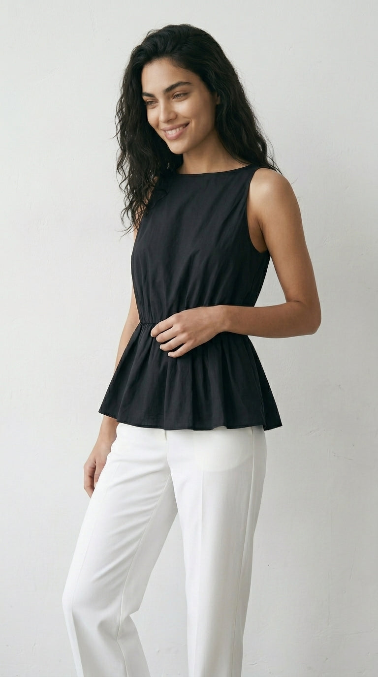 Black Cotton Peplum Top Sleeveless Bateau Neck Women