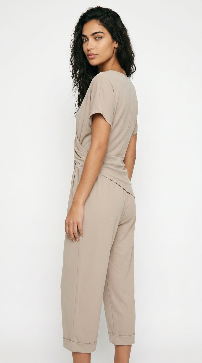 Women's Wrap Front Cropped Jumpsuit Short Sleeve