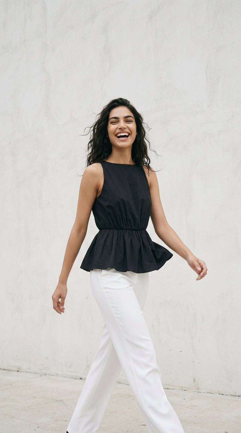 Black Cotton Peplum Top Sleeveless Bateau Neck Women