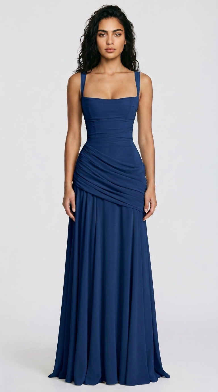 Women's Wedding Guest Dress – Ruched Square Neck Maxi Dress