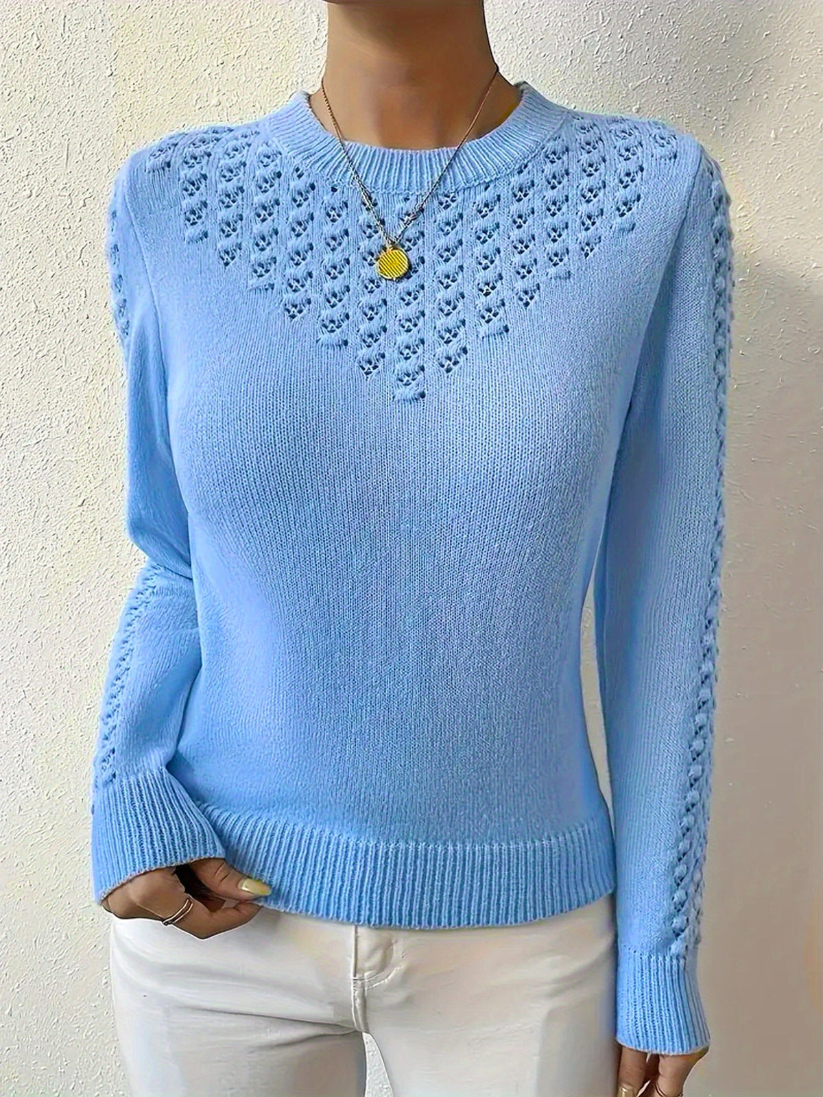 Women's Pointelle Knit Jumper – Crew Neck Sweater