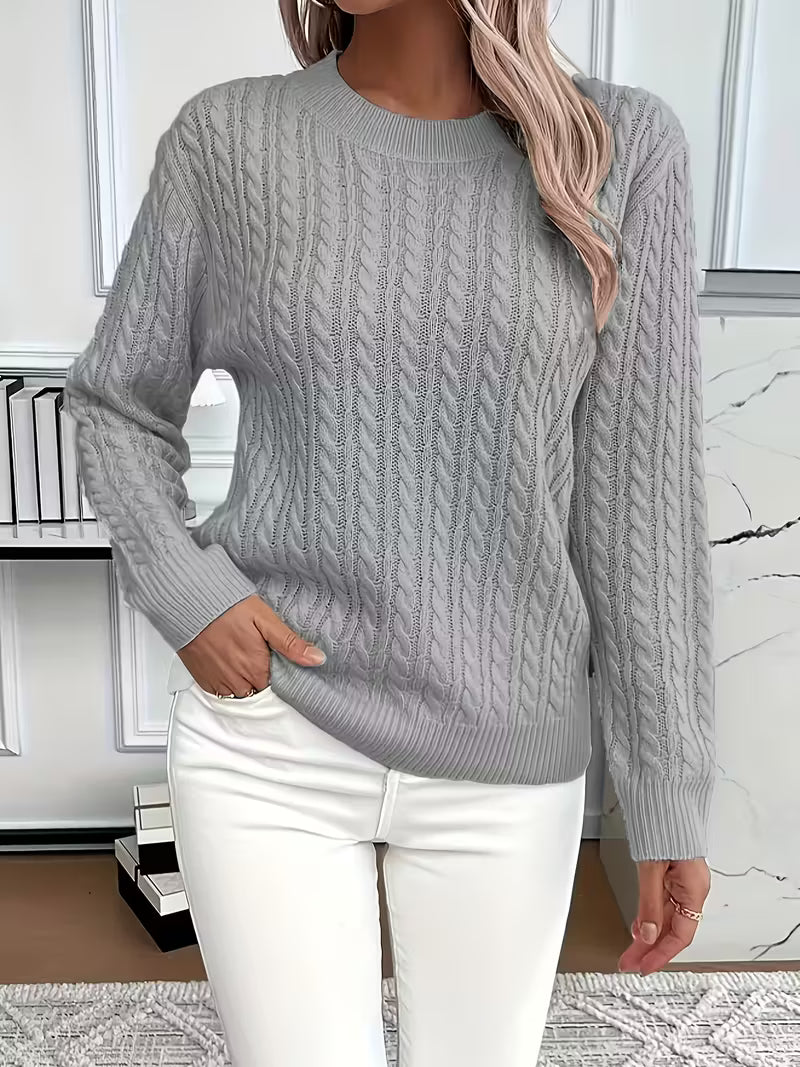 Women's Cable Knit Crew Neck Jumper – Ribbed Cuff Sweater
