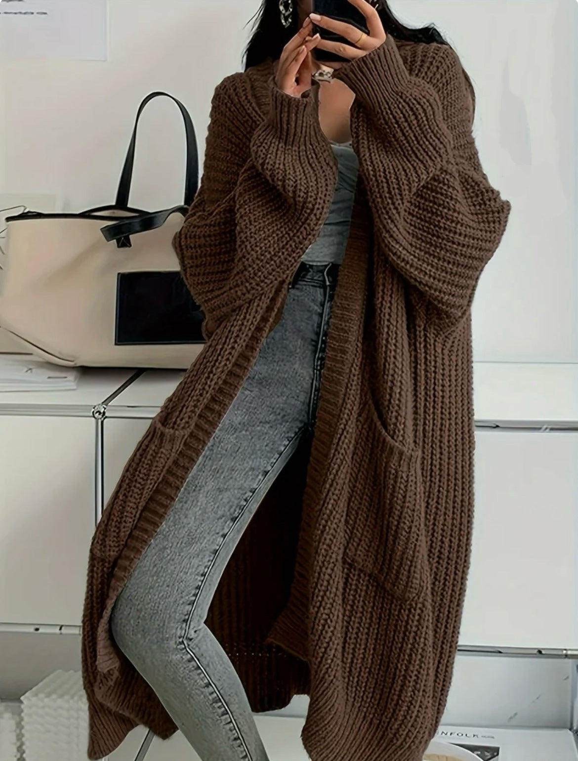 Women's Chunky Knit Longline Cardigan – Open Front with Pockets
