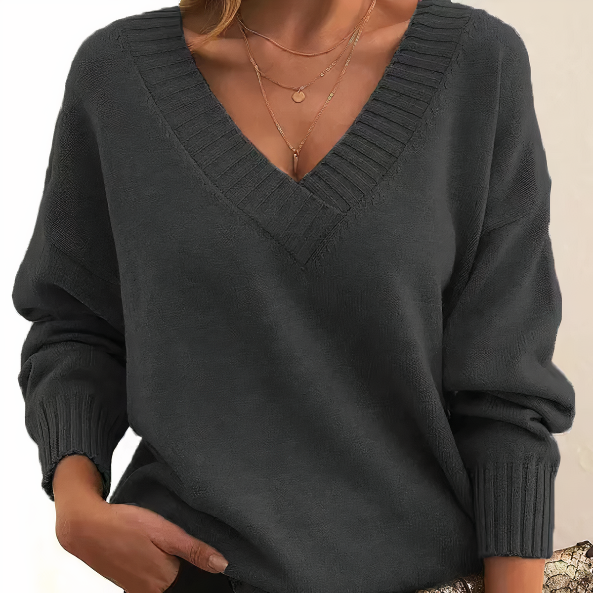 Women's Deep V-Neck Ribbed Collar Jumper – Relaxed Knit