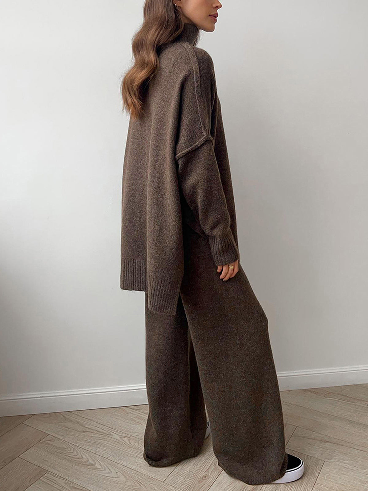 Women's Knitted Co-ord Set – Roll Neck Jumper & Wide Leg Trousers