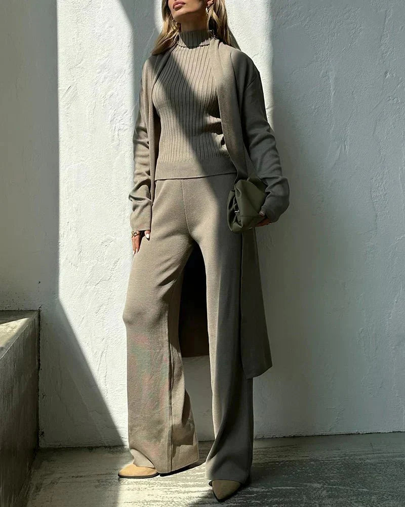 Women's Knit Co-ord Set – Longline Cardigan, Jumper & Wide Leg Trousers