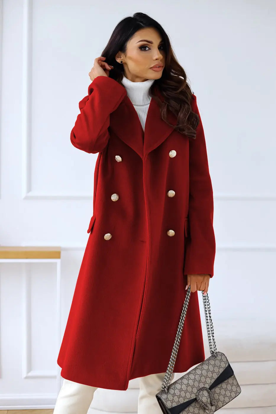 Women's Double-Breasted Wool Coat – Tailored Longline Winter Coat