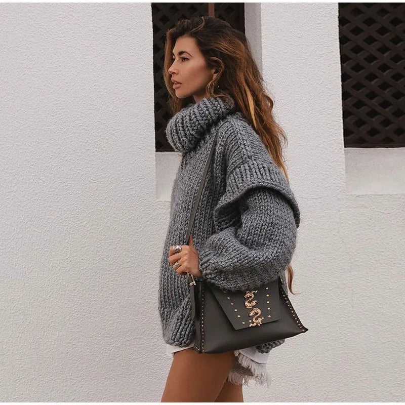 Women's Chunky Knit Turtleneck Jumper – Oversized Roll Neck Sweater