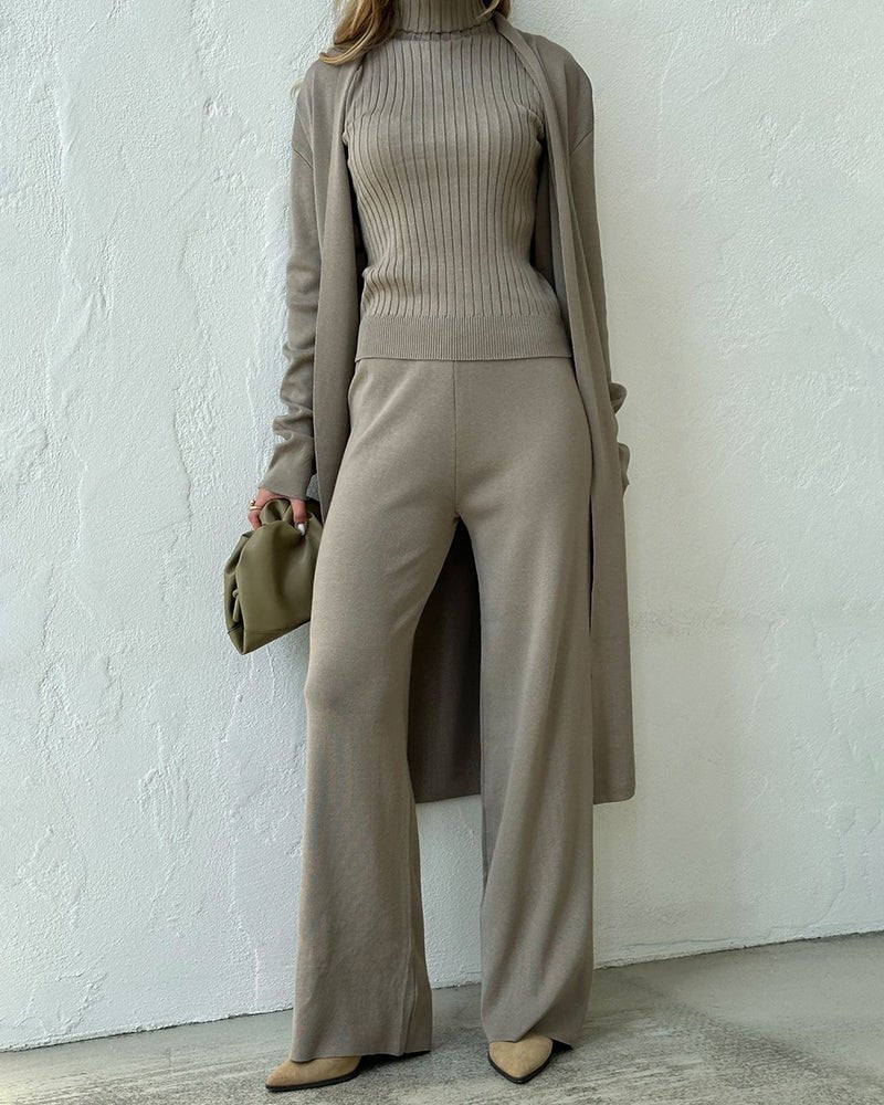 Women's Knit Co-ord Set – Longline Cardigan, Jumper & Wide Leg Trousers