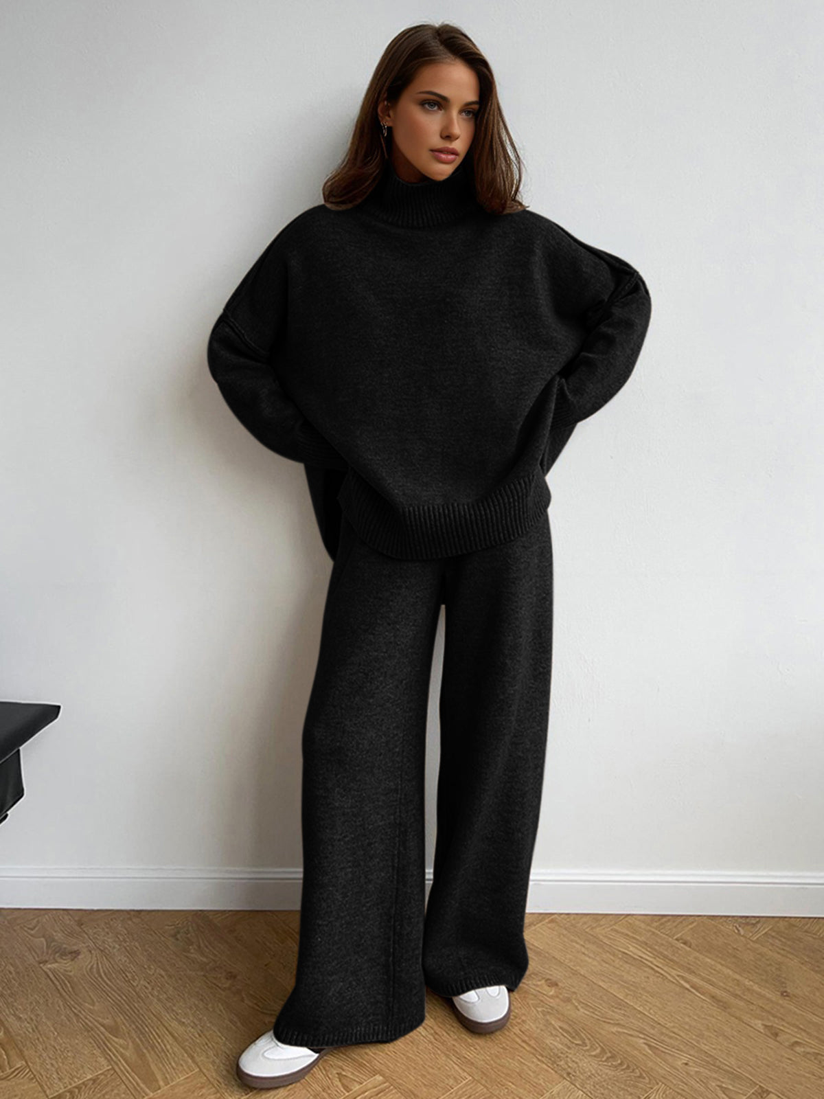 Women's Knitted Co-ord Set – Roll Neck Jumper & Wide Leg Trousers