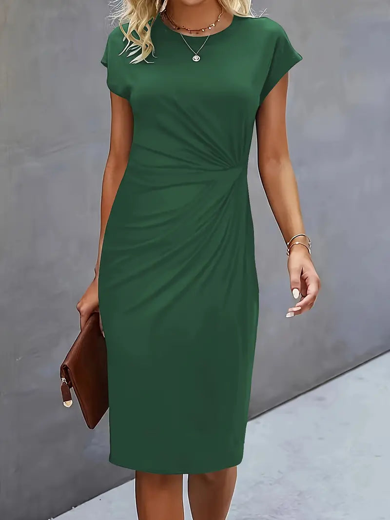 Women's Ruched Midi Dress – Twist-Front Bodycon Dress