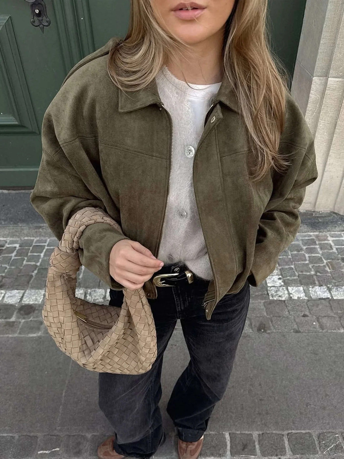 Women's Faux Suede Bomber Jacket – Collar Cropped Zip Jacket