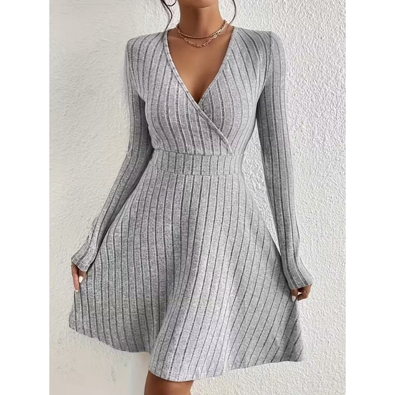 Women's Ribbed Wrap Neck A-Line Dress – Knee-Length Knit Dress