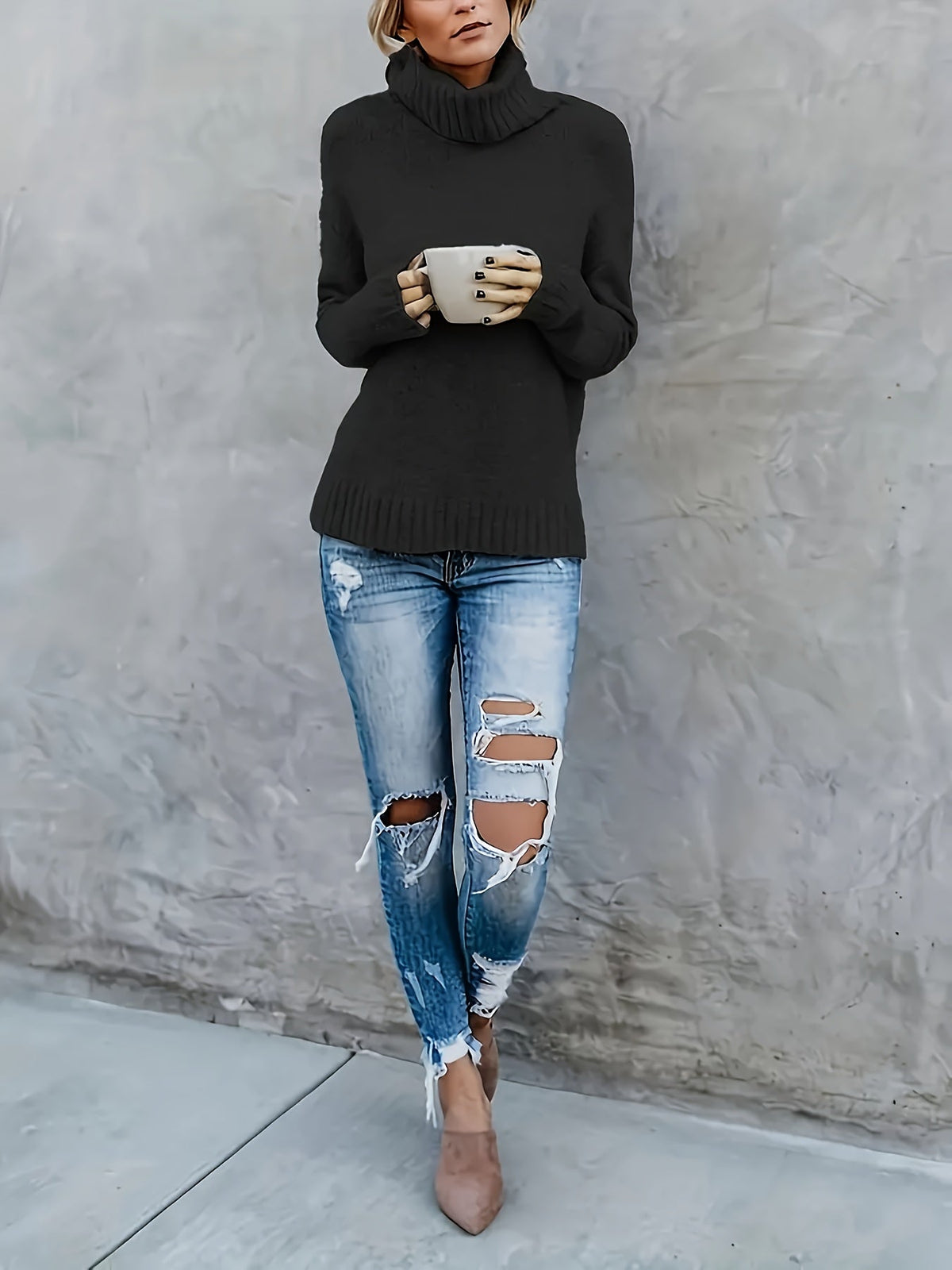 Women's Cowl Turtleneck Jumper – Split Hem Knit Sweater