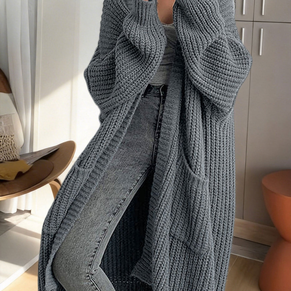 Women's Ribbed Knit Longline Duster Cardigan with Pockets
