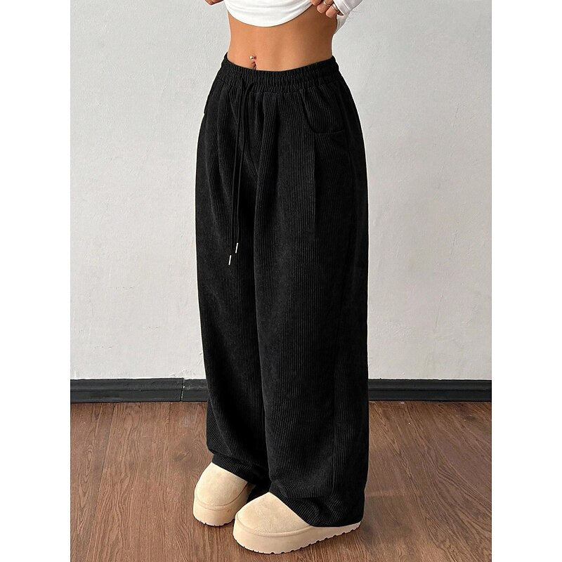 Women's Corduroy Wide Leg Trousers with Drawstring Waist