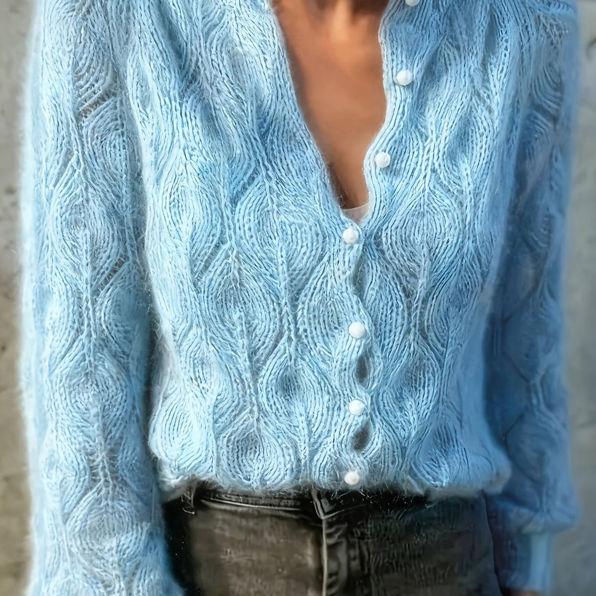 Women's Faux Mink Knit Cardigan – Pearl Button V-Front