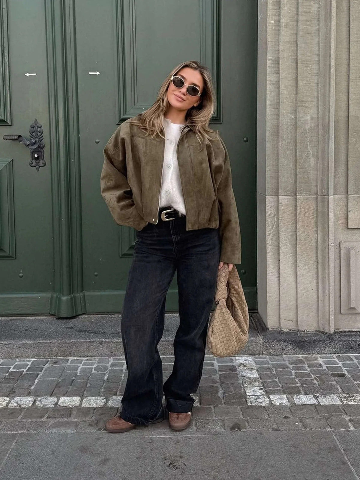 Women's Faux Suede Bomber Jacket – Collar Cropped Zip Jacket