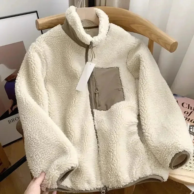 Women's Teddy Fleece Jacket – High Collar Contrast Zip Pocket