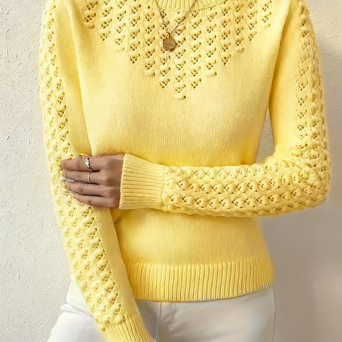 Women's Pointelle Knit Jumper – Crew Neck Sweater