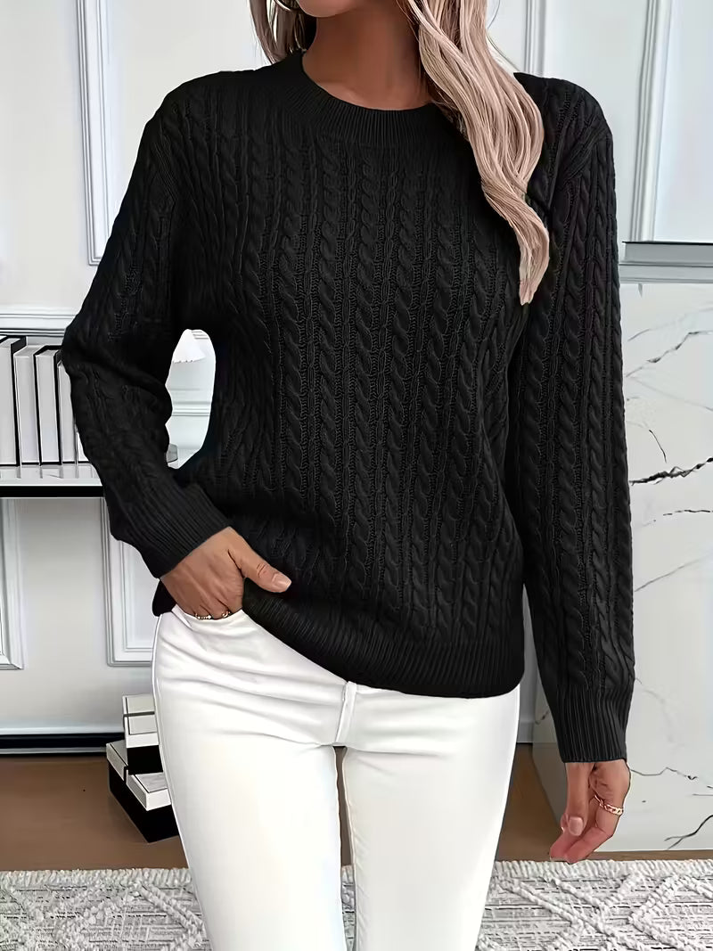 Women's Cable Knit Crew Neck Jumper – Ribbed Cuff Sweater
