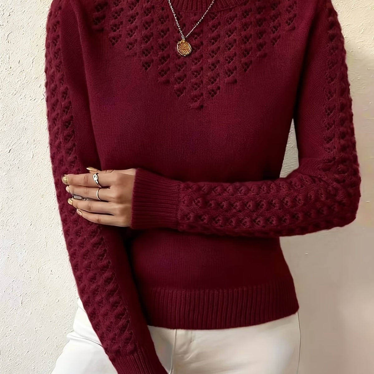 Women's Pointelle Knit Jumper – Crew Neck Sweater