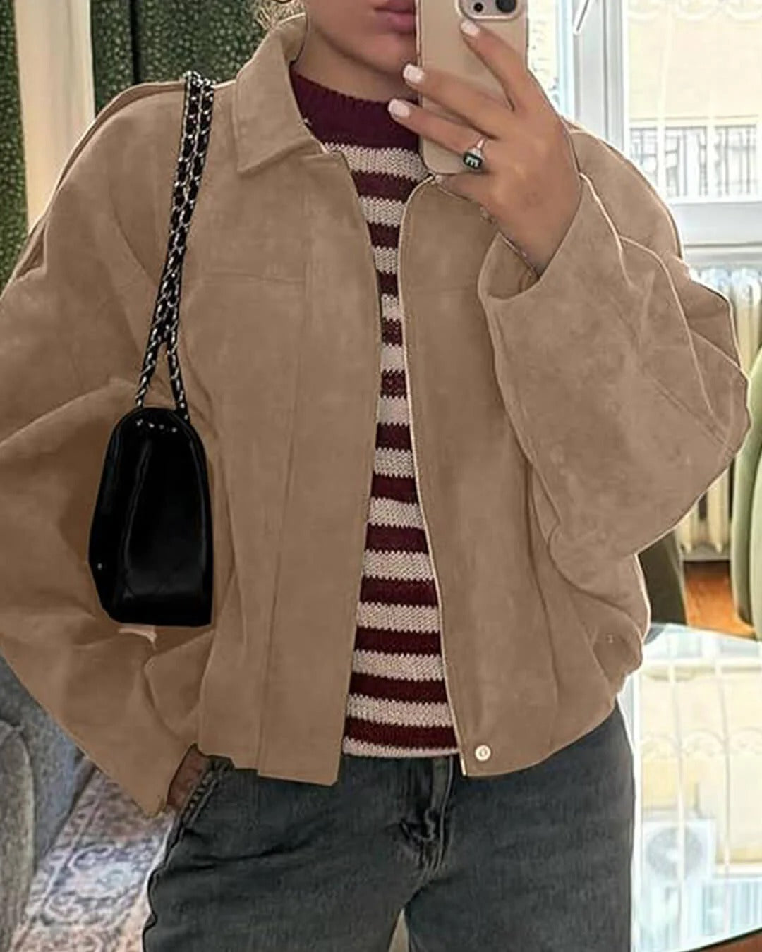 Women's Faux Suede Bomber Jacket – Collar Cropped Zip Jacket