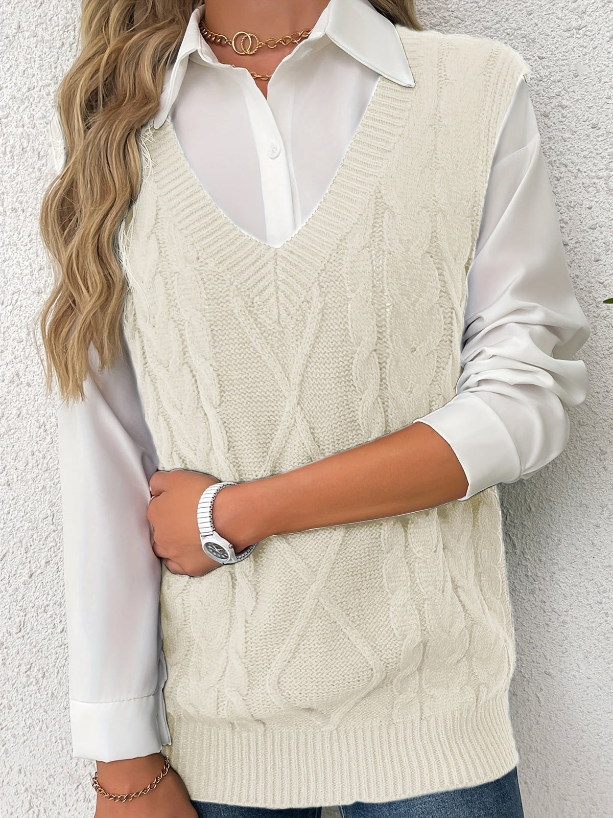 Women's Cable Knit V-Neck Jumper Vest, Preppy Layering Piece