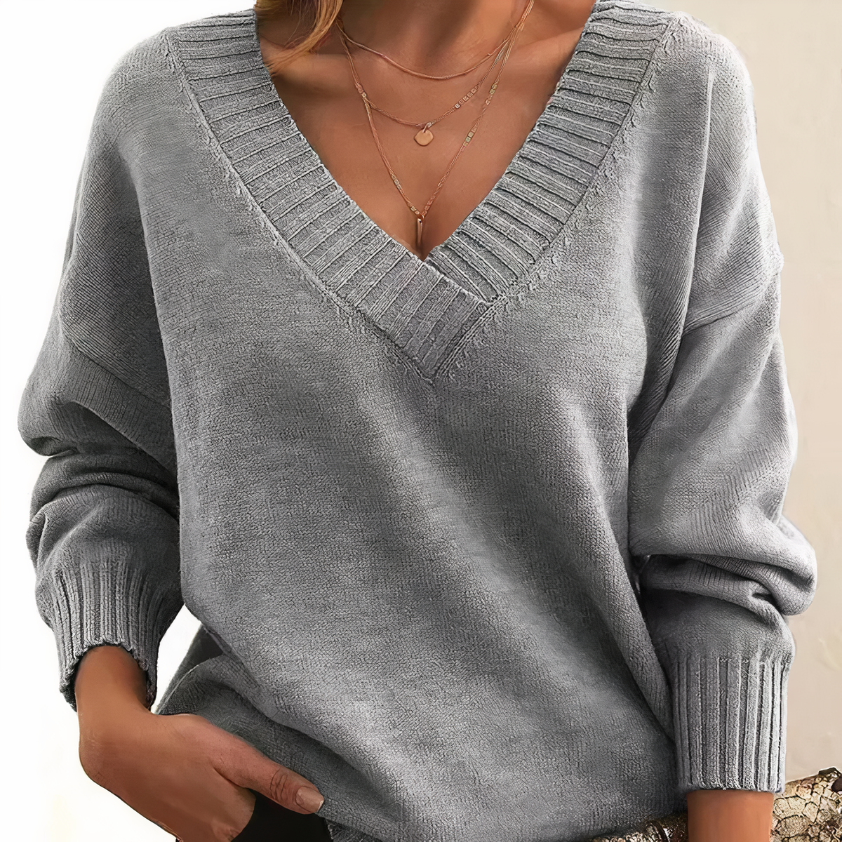 Women's Deep V-Neck Ribbed Collar Jumper – Relaxed Knit