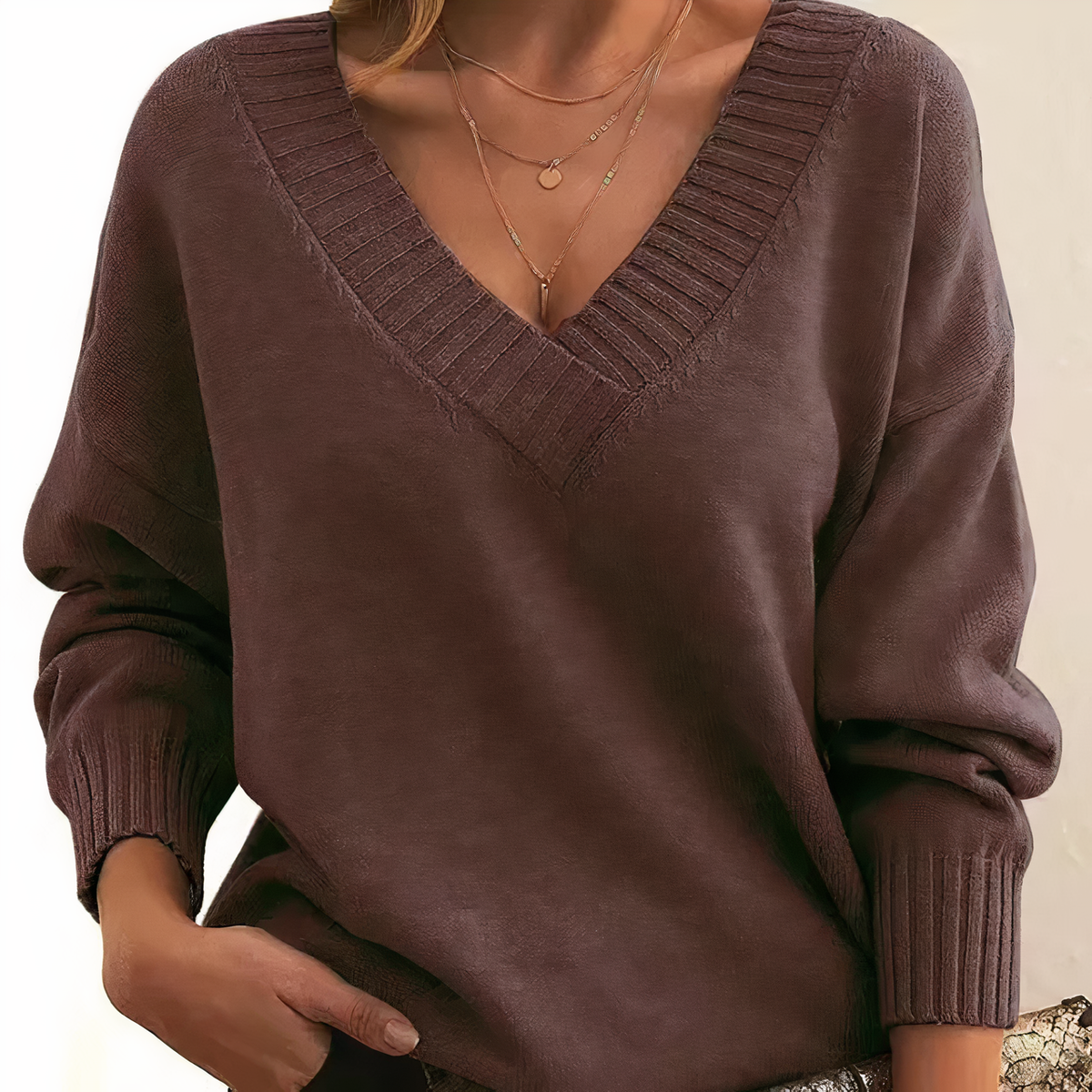 Women's Deep V-Neck Ribbed Collar Jumper – Relaxed Knit