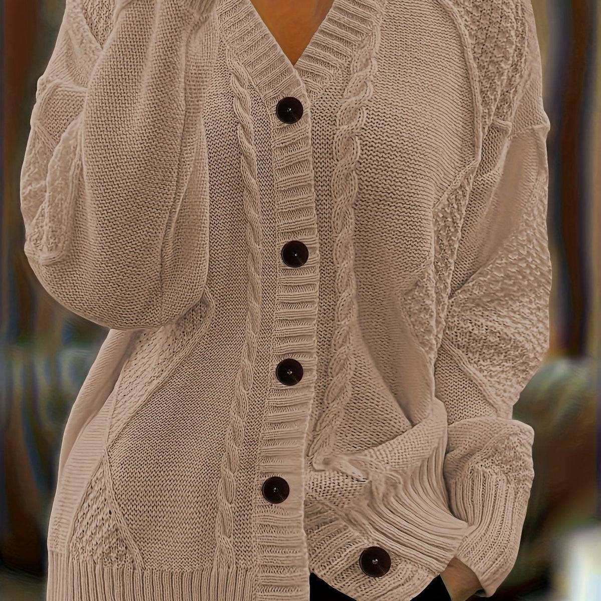 Women's Cable Knit Button-Front Cardigan Oversized Textured