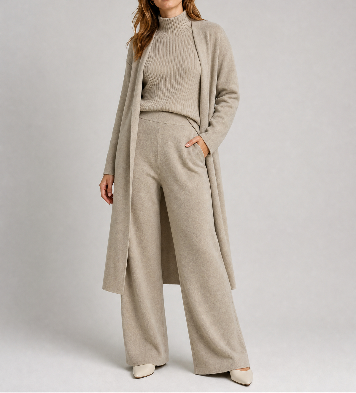 Women's Knit Co-ord Set – Longline Cardigan, Jumper & Wide Leg Trousers