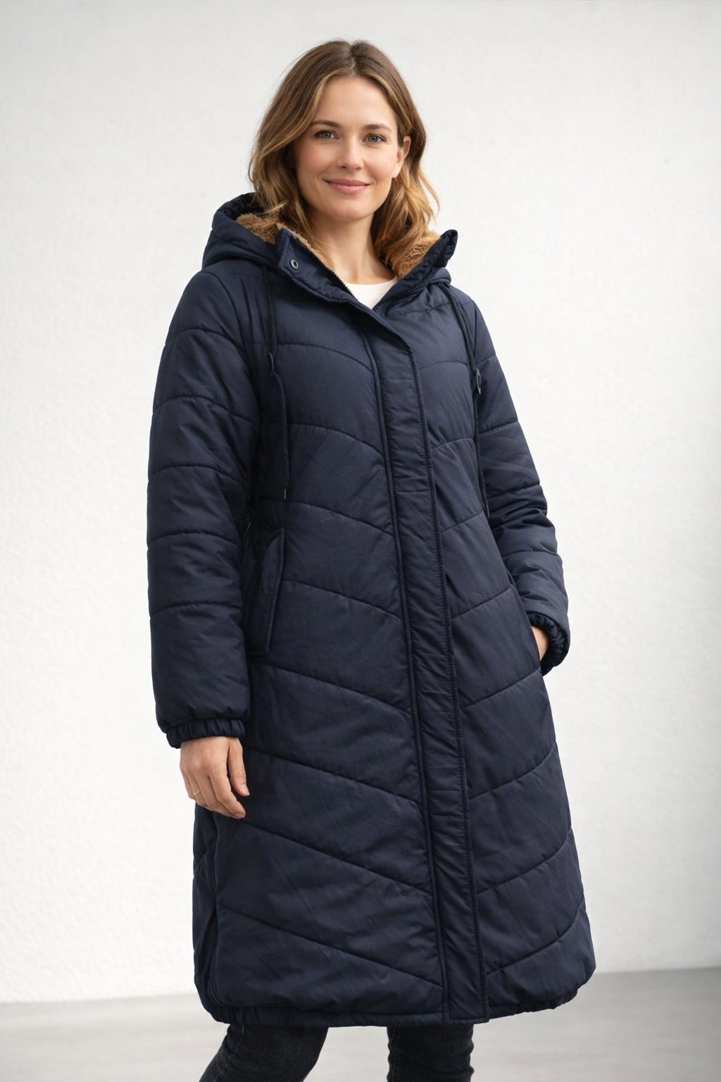 Women's Navy Quilted Longline Coat with Faux Fur Hood