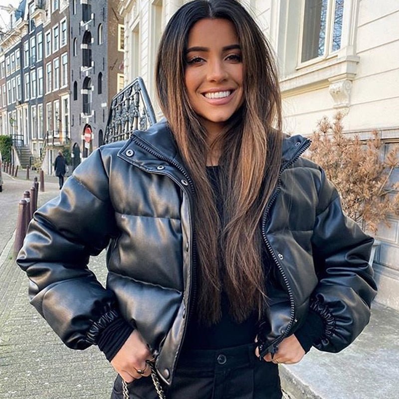 Women's Faux Leather Puffer Jacket – Cropped Padded