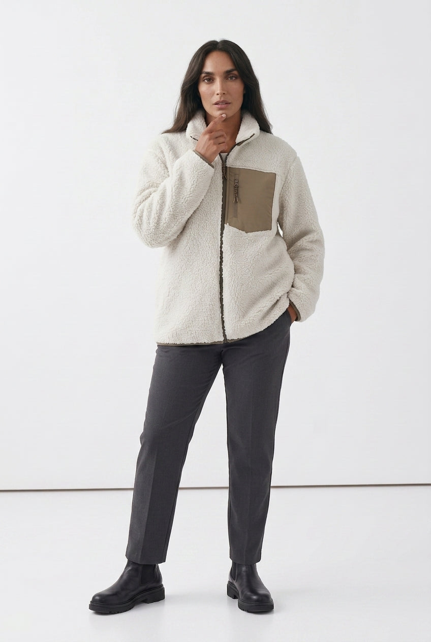 Women's Teddy Fleece Jacket – High Collar Contrast Zip Pocket